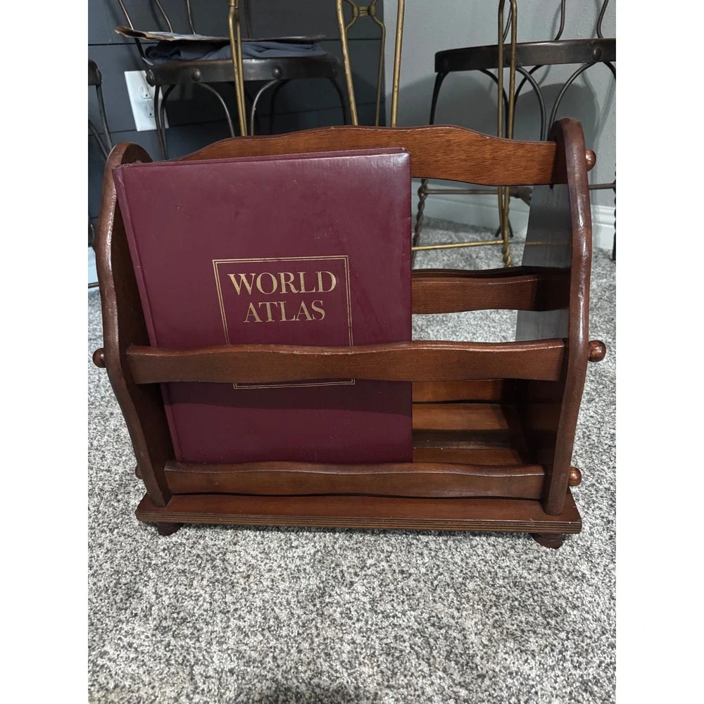 Vintage Wooden Magazine Rack Scalloped Dark Wood Book Record Holder Handle